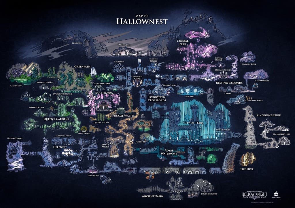 Illustrated map of Hallownest from Hollow Knight