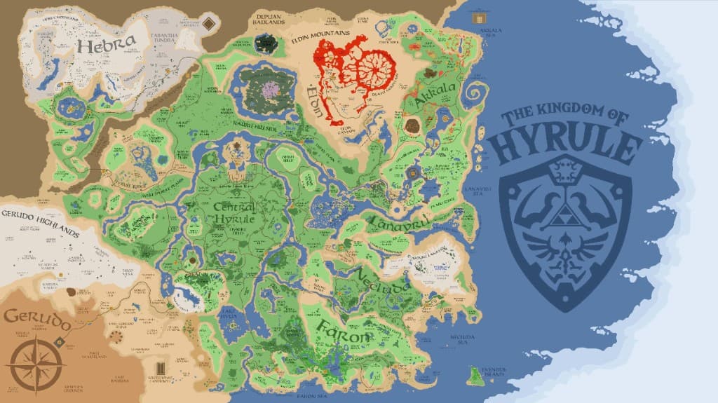 Illustrated map of the Kingdom of Hyrule from Breath of the Wild